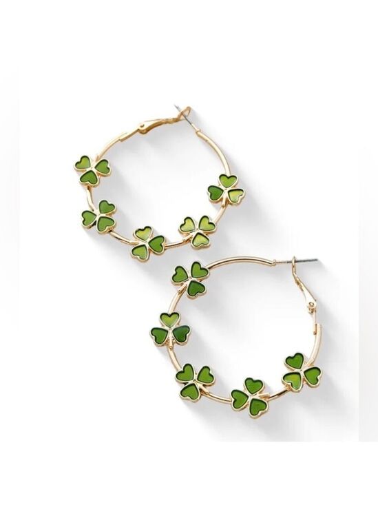 Way To Celebrate Jewelry - Gold Tone Shamrock Hoop Earrings Green Clover St. Patrick’s Day Lucky Jewelry
